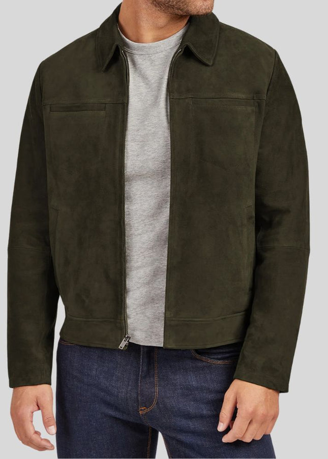 Men Olive Green Suede Jacket
