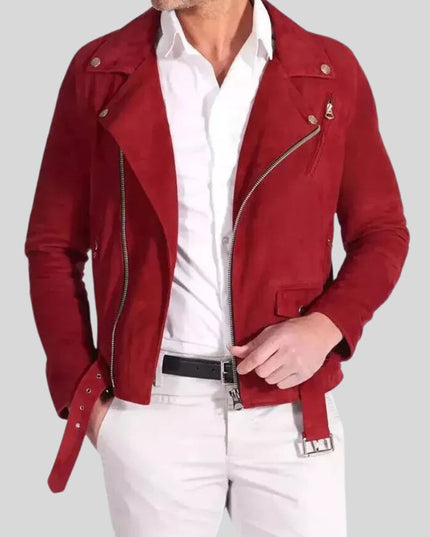 Men Red Suede Biker Jacket