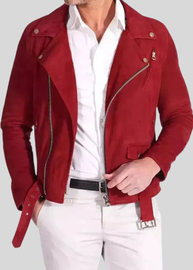 Red jacket worn by a person on a light gray background