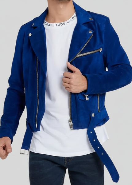 Person wearing a blue jacket over a white shirt on a light gray background
