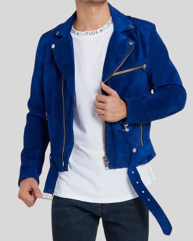 Men Blue Suede Biker Jacket