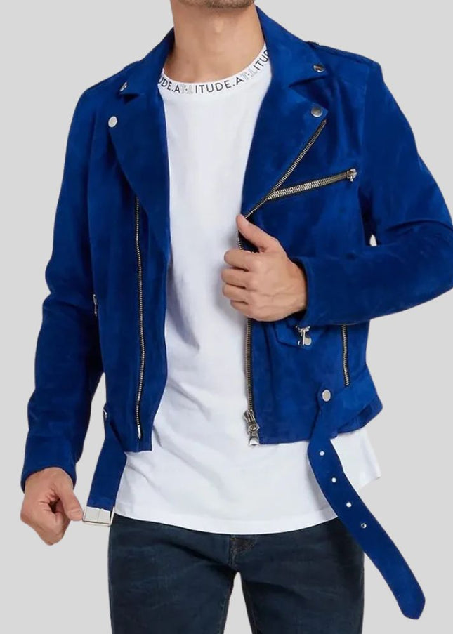 Men Blue Suede Biker Jacket