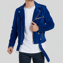 Person wearing a blue jacket over a white shirt on a light gray background