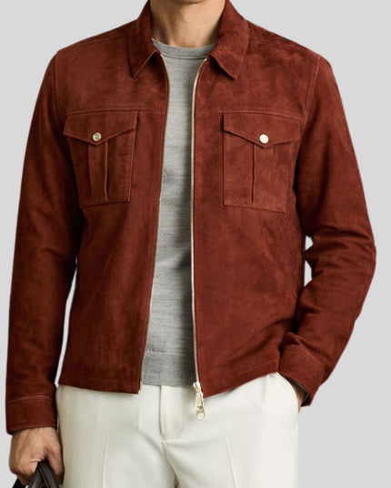 Men Suede Leather Jacket Brown