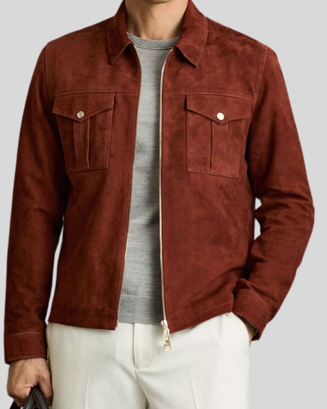 Men Suede Leather Jacket Brown