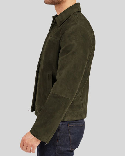 Men Olive Green Suede Jacket