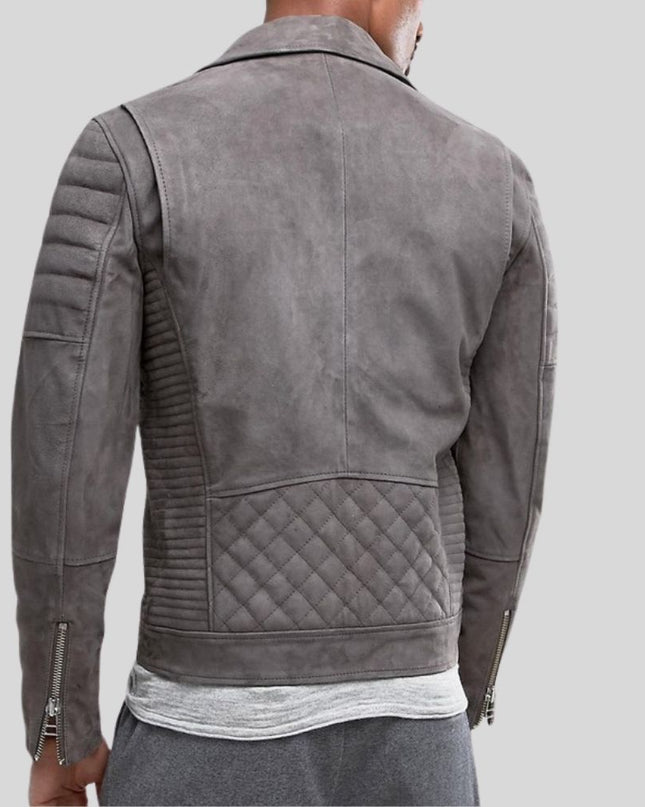 Gray leather jacket with quilted design on a plain background