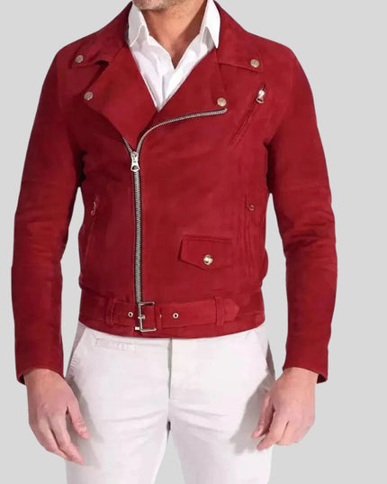 Men Red Suede Biker Jacket