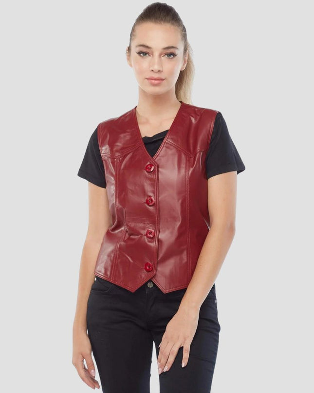 Women Red Leather Vest