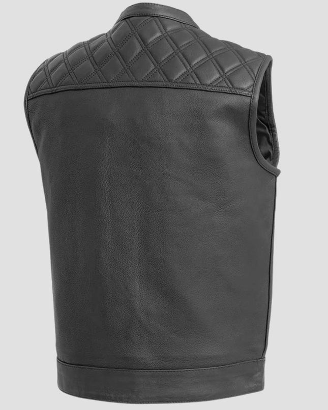 Black leather vest with quilted shoulder design on a light gray background