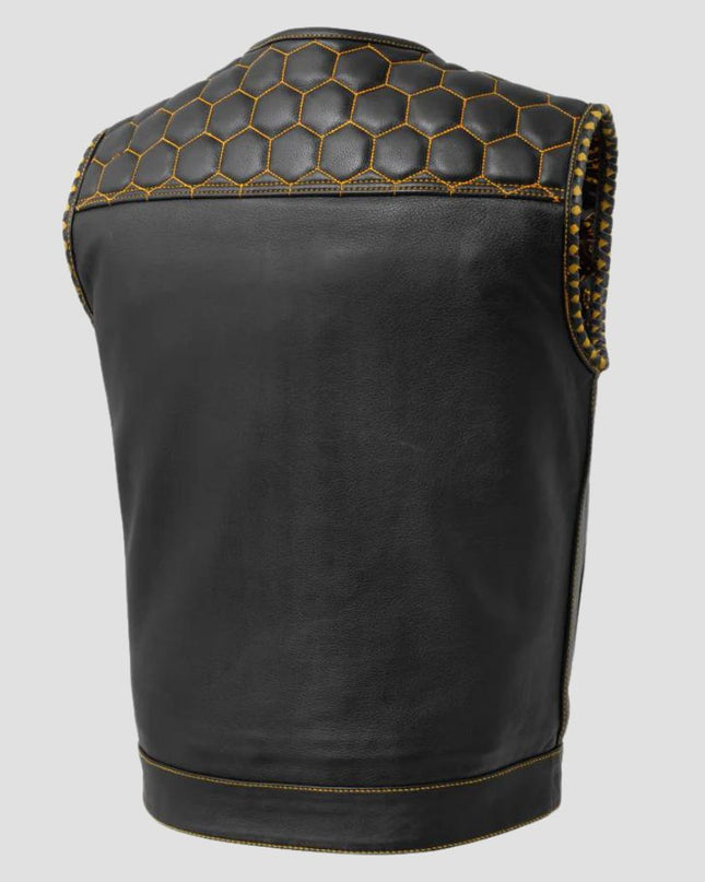 Black leather vest with honeycomb pattern on a gray background