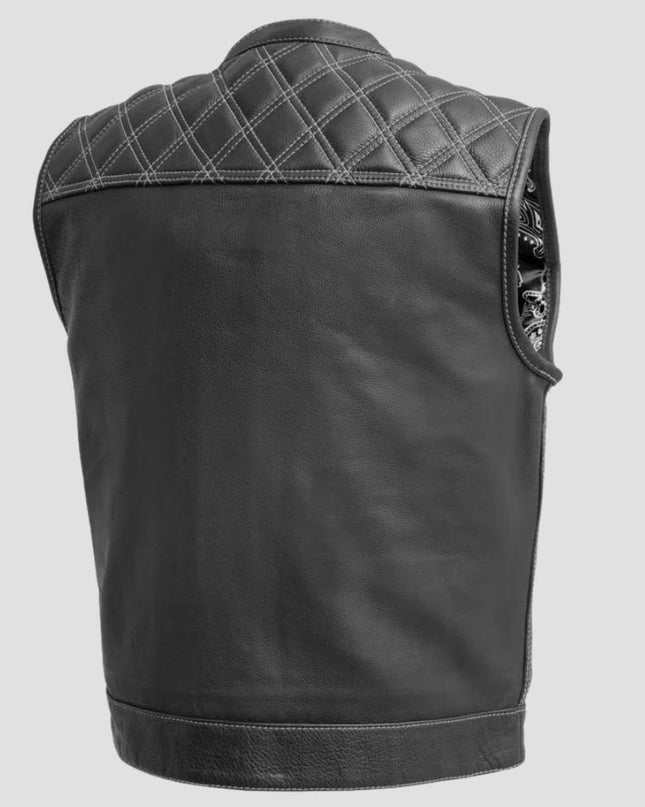 Black leather vest with quilted shoulder design on a light gray background