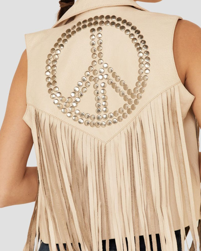 Beige fringe vest with peace symbol design on a plain background