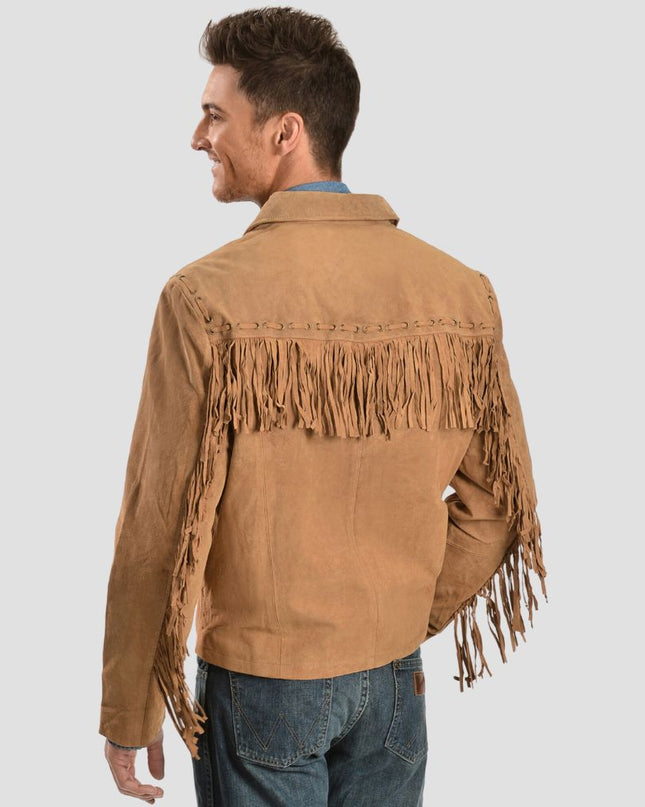 Man wearing a brown fringed jacket on a light gray background