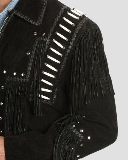 Black fringed jacket with silver studs on a gray background