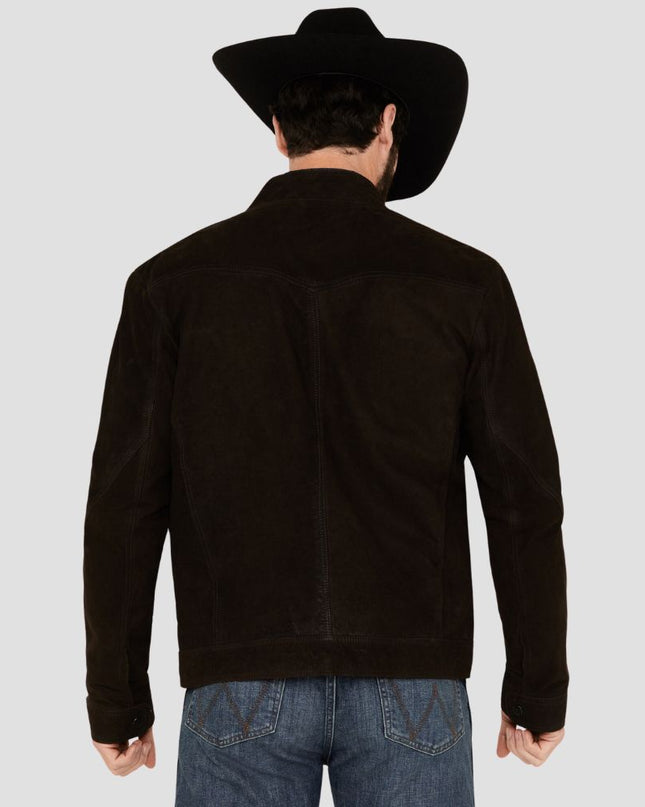 Man wearing a black jacket and cowboy hat from behind on a light gray background