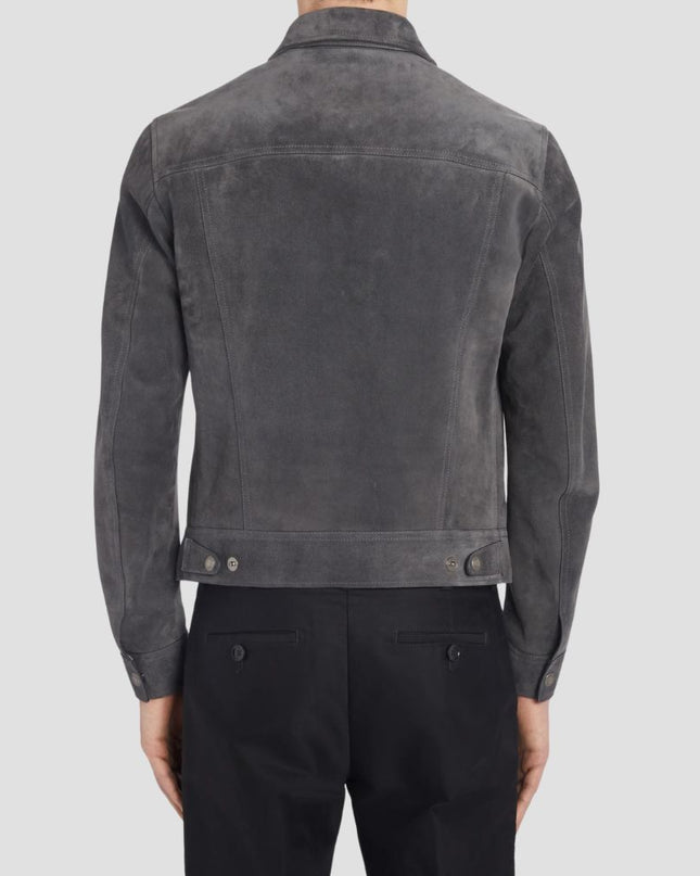 Gray suede jacket on a plain background