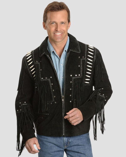 Man wearing a black suede fringe jacket on a gray background