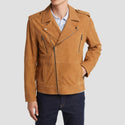 Brown leather jacket worn by a person on a light gray background