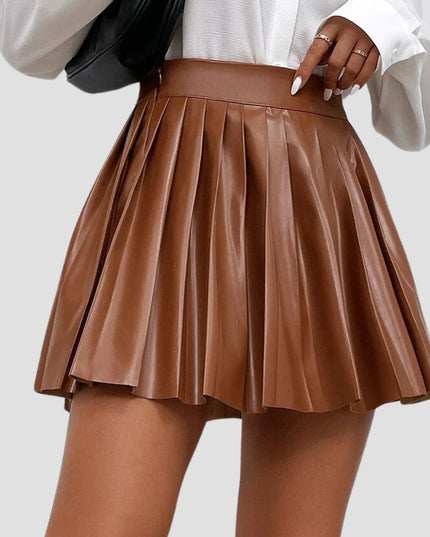 High Waist Pleated PU Leather Skirt