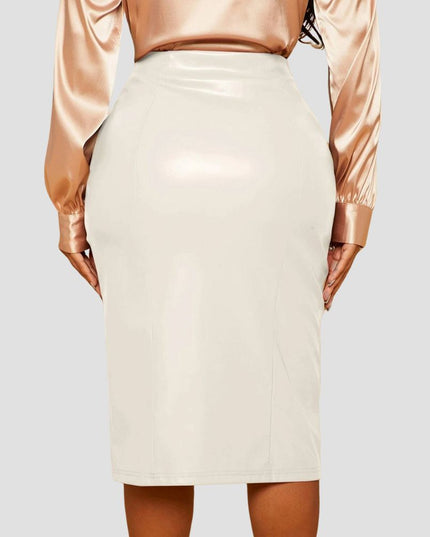 Ruched Split Thigh PU Leather Skirt