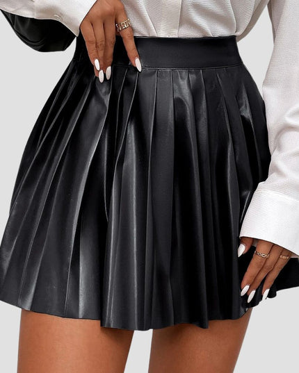 High Waist Pleated Leather Skirt