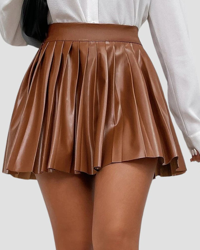High Waist Pleated PU Leather Skirt