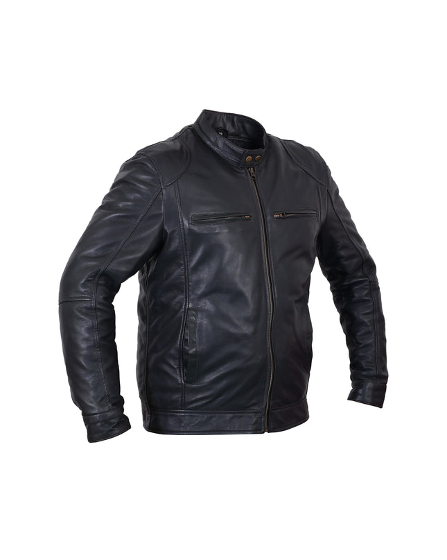 Men’s Black Mesha Leather Biker Jacket – Quilted Shoulder Moto Style