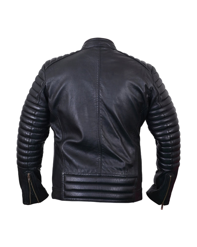 Black leather jacket with ribbed sleeves on a white background