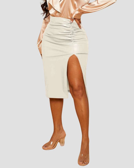 Ruched Split Thigh PU Leather Skirt