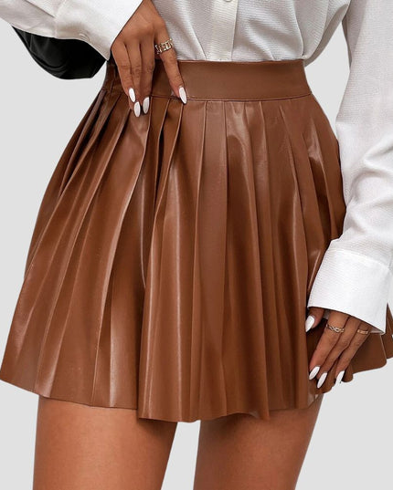 High Waist Pleated PU Leather Skirt